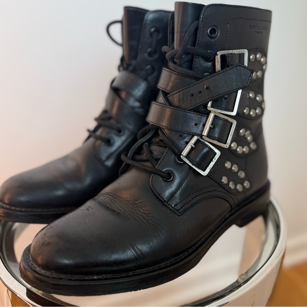 Saint Laurent Smooth Calfskin Studded Strap Rangers Boots | Size 37.5 - Picture 2 of 10